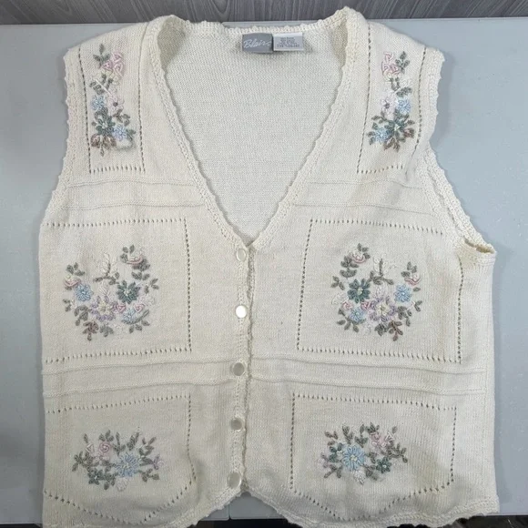 Blair Vintage Crochet Cream Sweater Vest  Floral Embroidered Sz L Boho Grandma - Picture 4 of 7